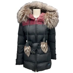 PRADA BLACK / BURGUNDY 2017 FOX FUR TRIMMED PUFFER JACKET